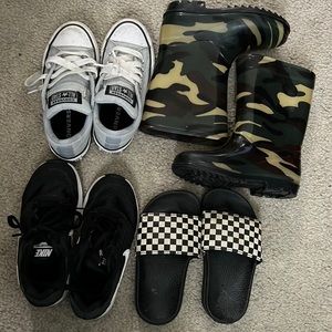 Size 11 rain boots, converse tennis shoes, Nike tennis shoes, vans slides